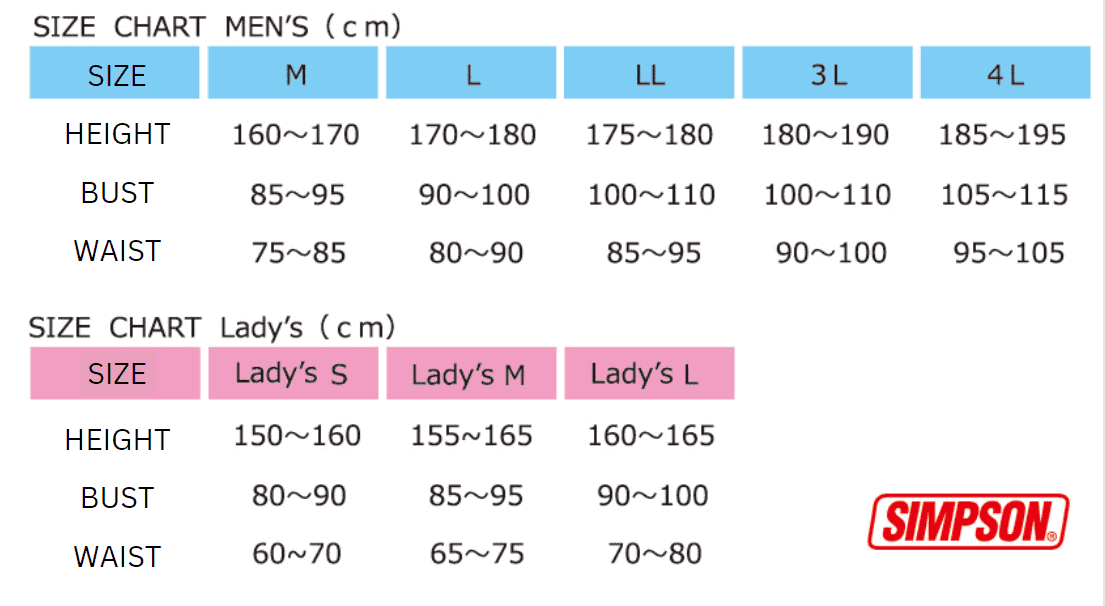 SIMPSON Jacket size chart in English